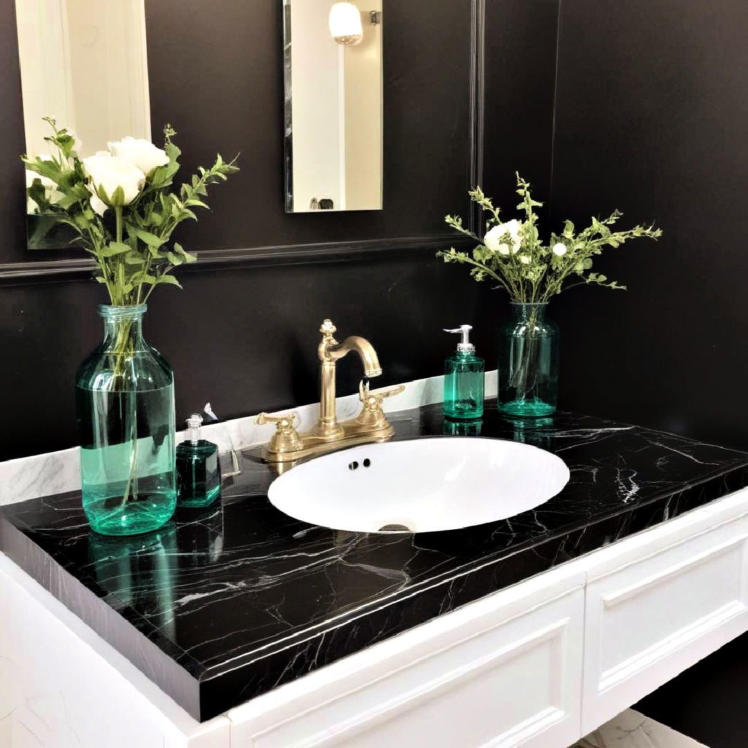 black marble countertop and emerald green accents - 15 Black and Green Bathroom Ideas
