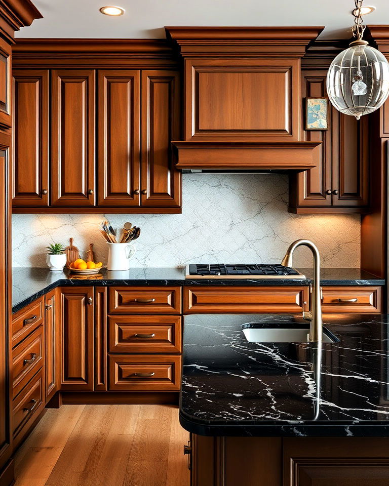 black marble countertops and chestnut brown cabinets - 25 Brown Kitchen Cabinets With Black Countertops