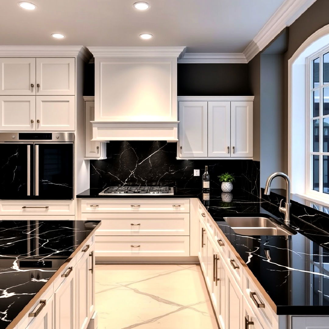 black marble countertops and white cabinets - 40 Black and White Kitchen Ideas