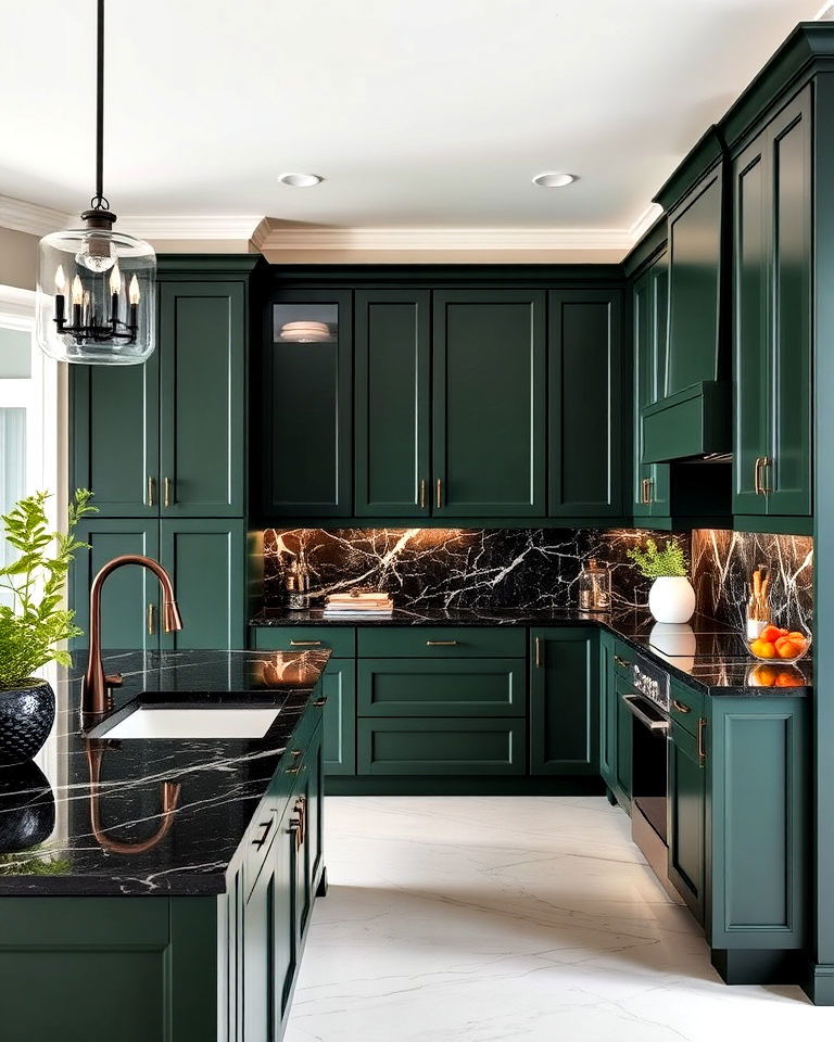 black marble countertops for dark green cabinets - 20 Green Kitchen Cabinets With Black Countertops