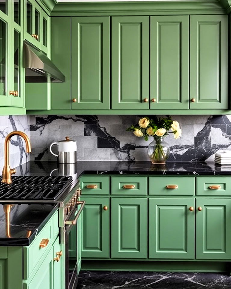 black marble countertops with green cabinets - 30 Black and Green Kitchen Ideas