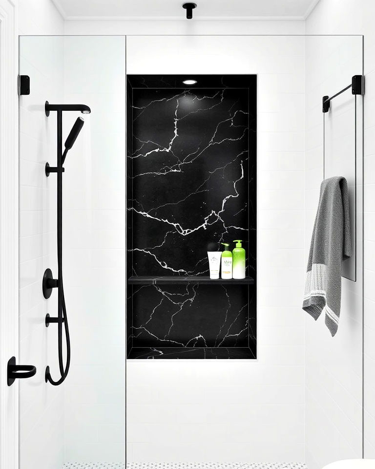 black marble shower niche ideas - 20 Black Marble Bathrooms
