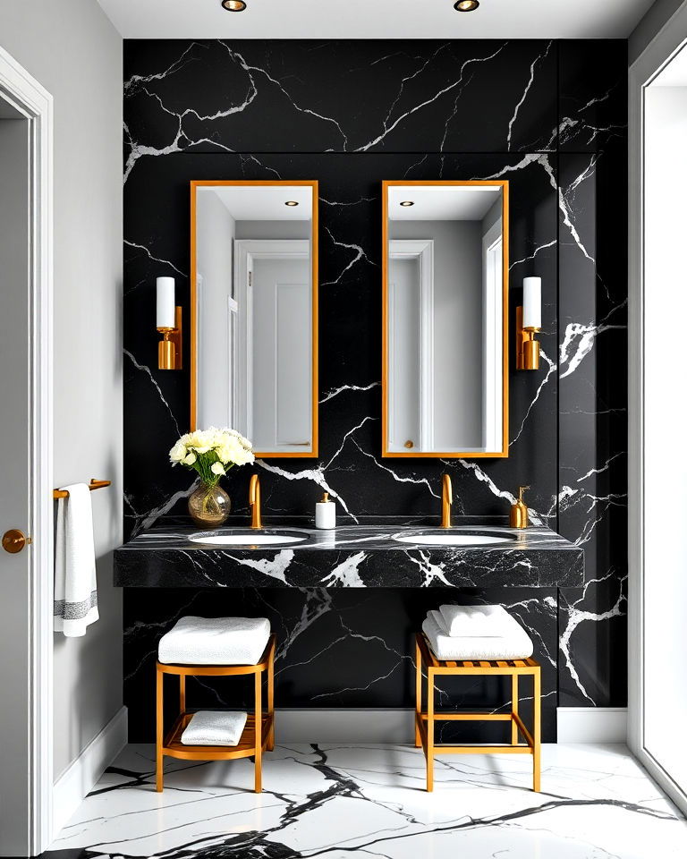 black marble with gold accents for bathroom - 20 Black Marble Bathrooms