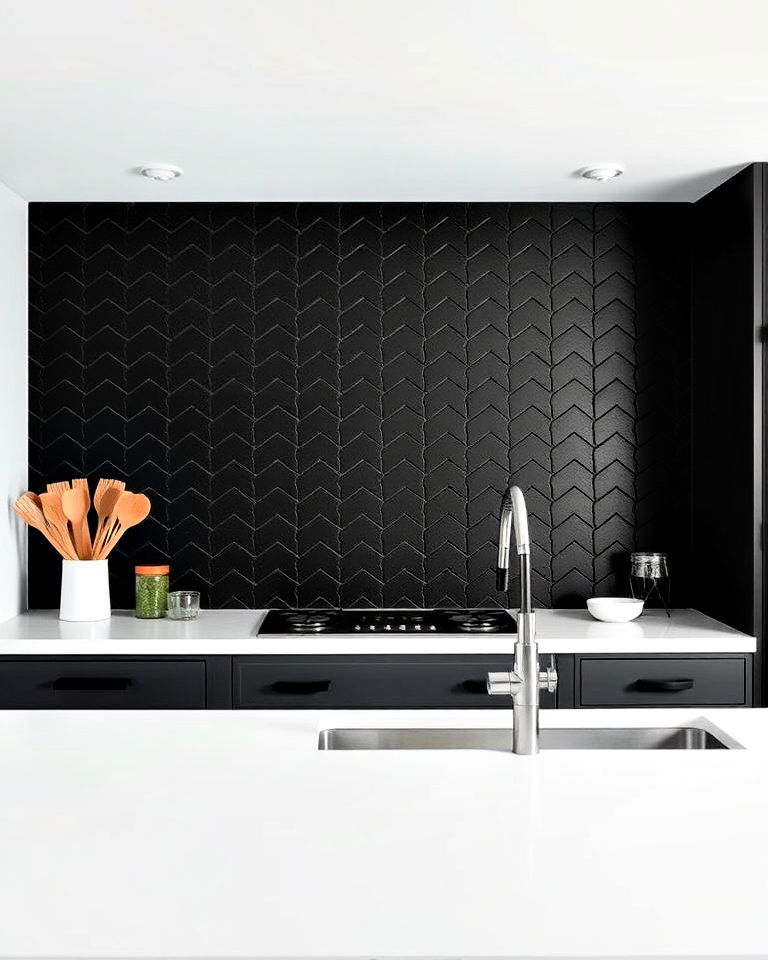 black matte herringbone tiles for backsplash - 30 Kitchen With Black Backsplash