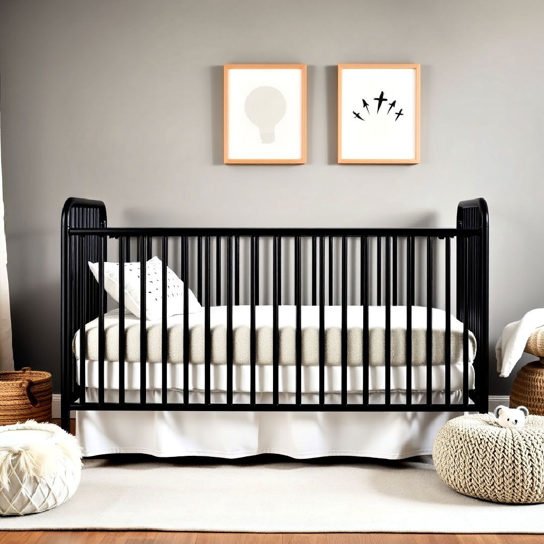 black metal crib to add industrial touch - 25 Black and White Nursery Ideas