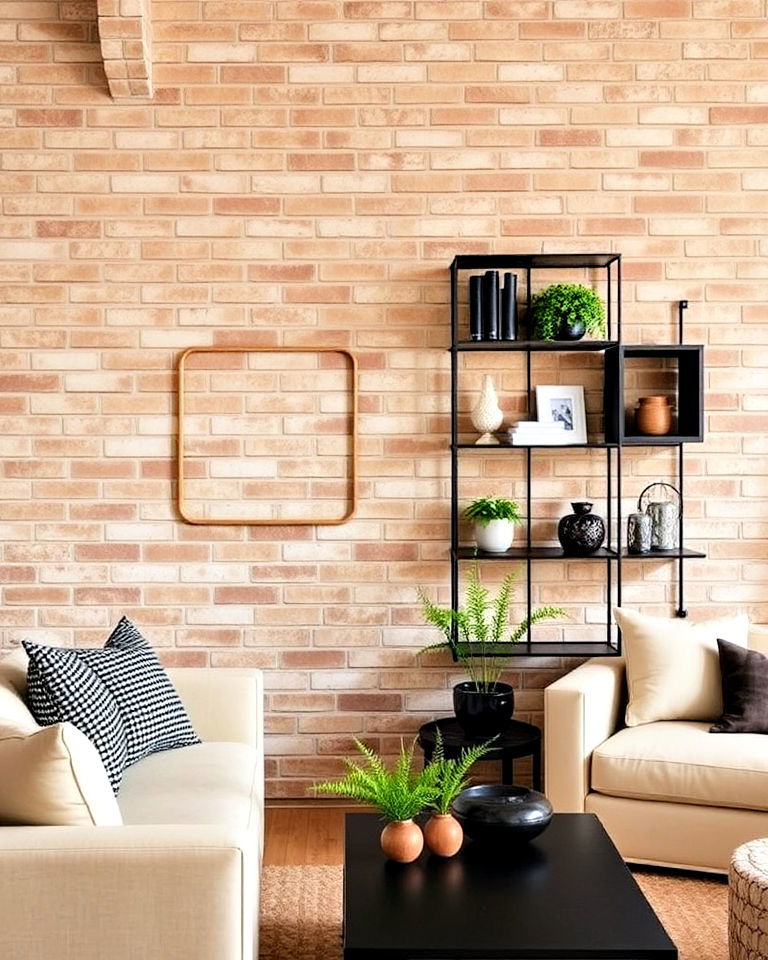 black metal decor with beige brick walls - 30 Black and Beige Living Room Ideas