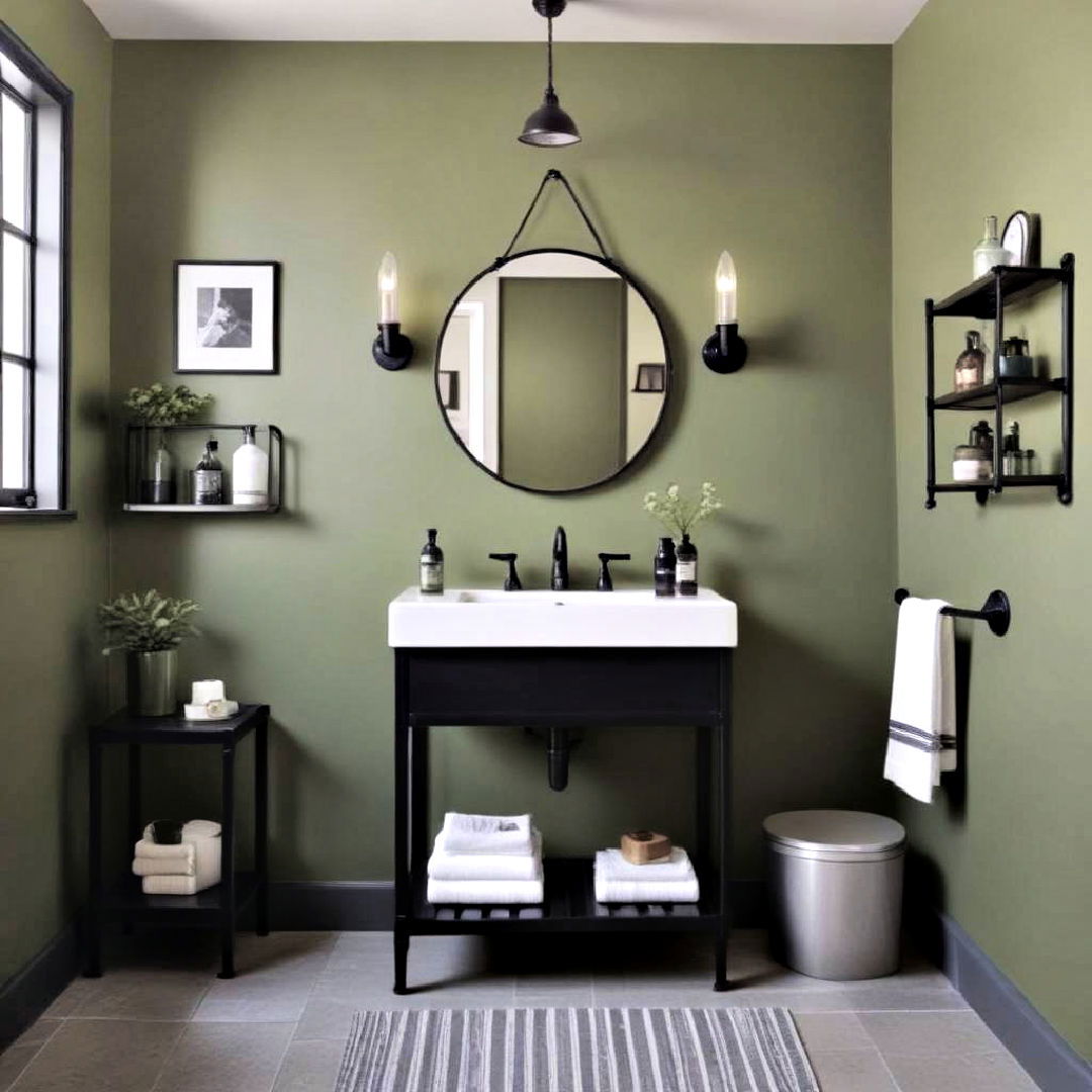 black metal fixtures with green painted walls - 15 Black and Green Bathroom Ideas