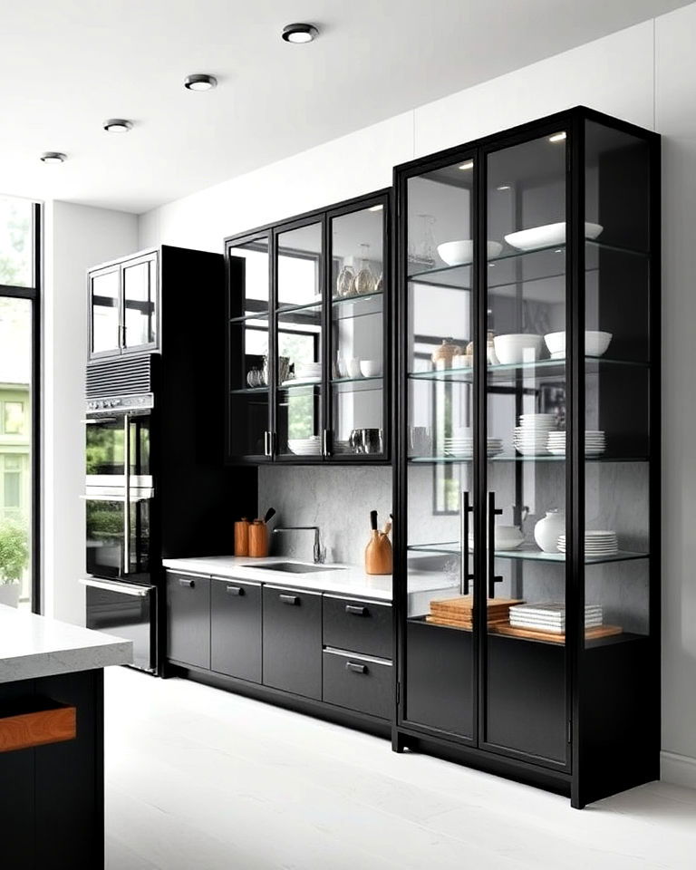 black metal frames for glass cabinets - 20 Modern Style Glass Kitchen Cabinets