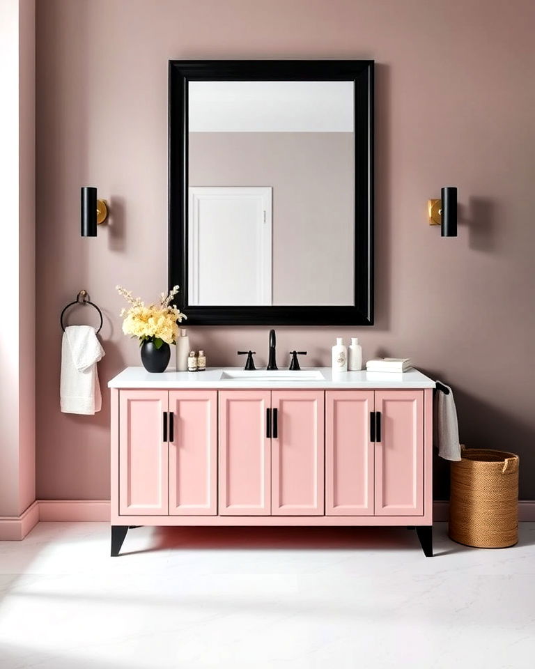 black mirror frame and pink vanity - 25 Pink and Black Bathroom Ideas