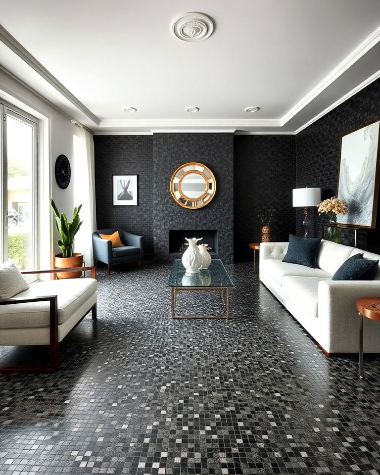 black mosaic tiles flooring - 25 Black Floor Living Room Ideas