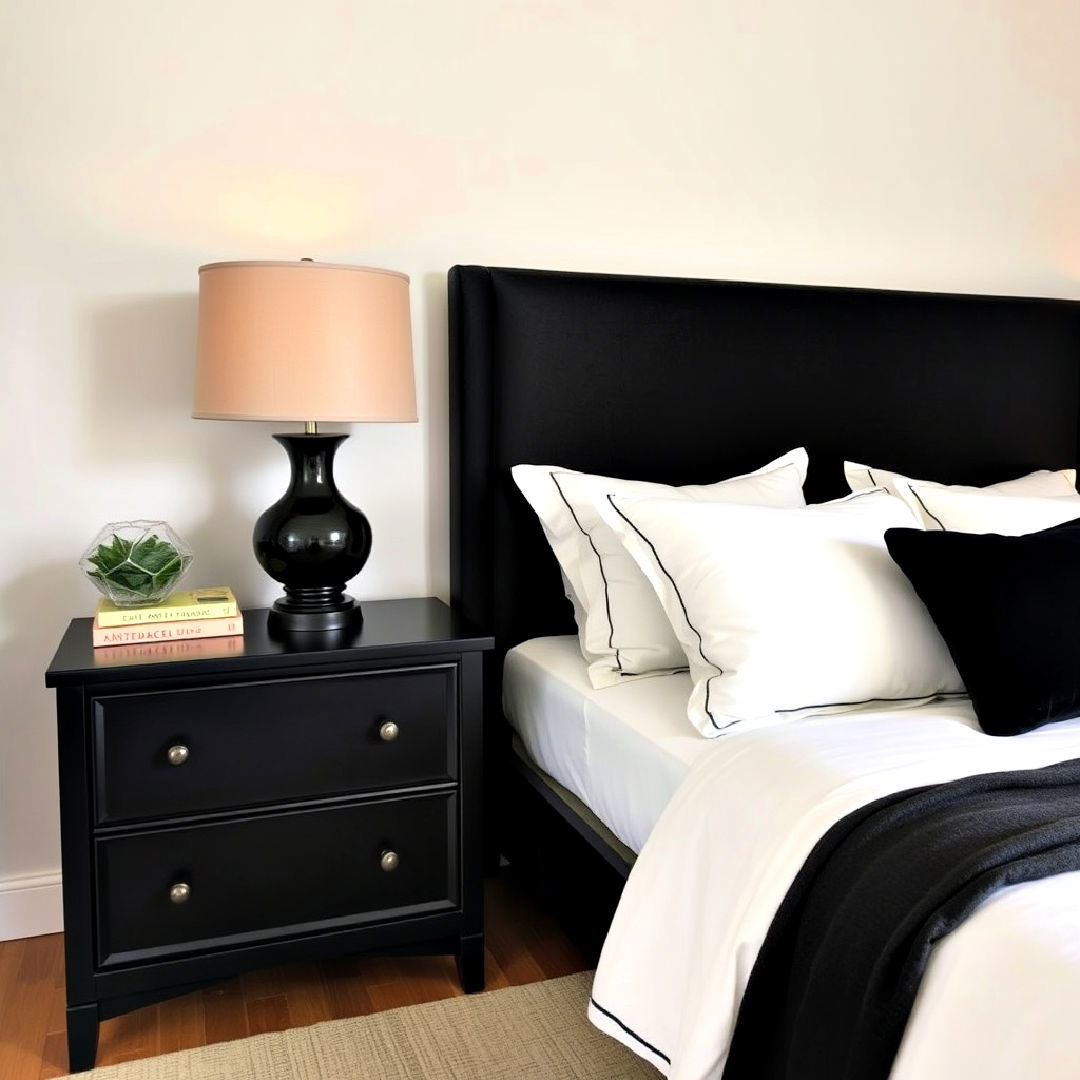black nightstand and beige lampshade - 20 Black and Beige Bedroom Design Ideas