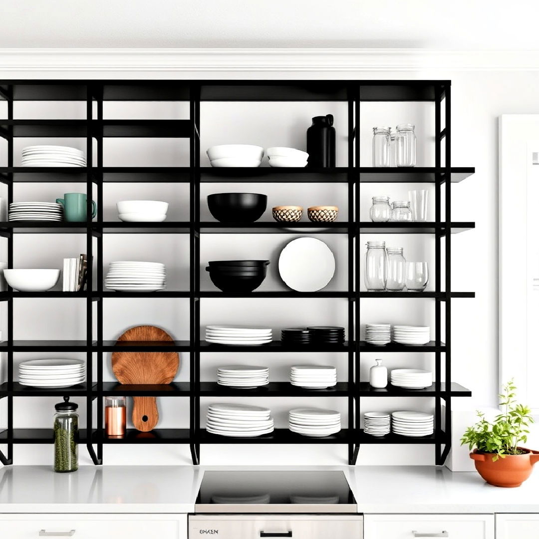black open shelving and white walls - 40 Black and White Kitchen Ideas