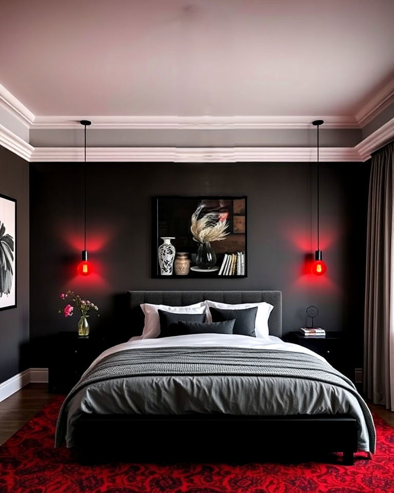 black pendant lighting with red tinted bulbs - 25 Red and Black Bedroom Ideas