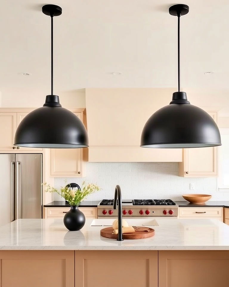 black pendant lights over beige kitchen island - 20 Black and Beige Kitchen Ideas