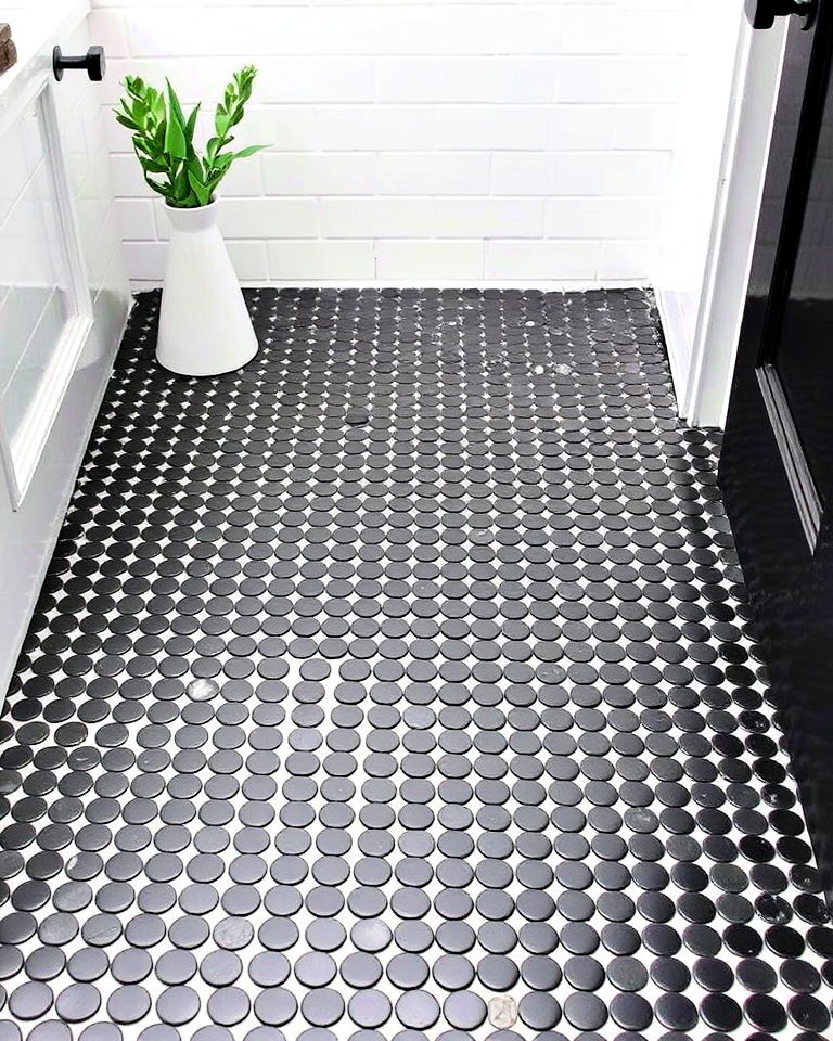 black penny tiles flooring and white walls - 20 Black Floor Bathroom With White Walls Ideas