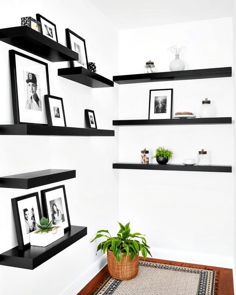 black picture ledges on white hallway walls - 20 Black and White Hallway Ideas