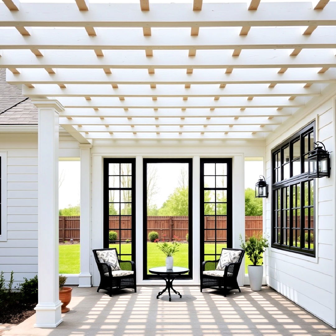 black picture windows and pergola for white farmhouse - 25 White Farmhouse With Black Windows Ideas