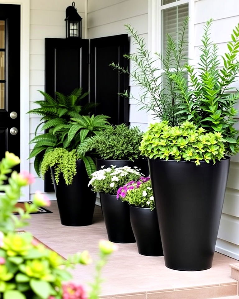 black planters to add sophisticated touch - 15 Black Porch Ideas