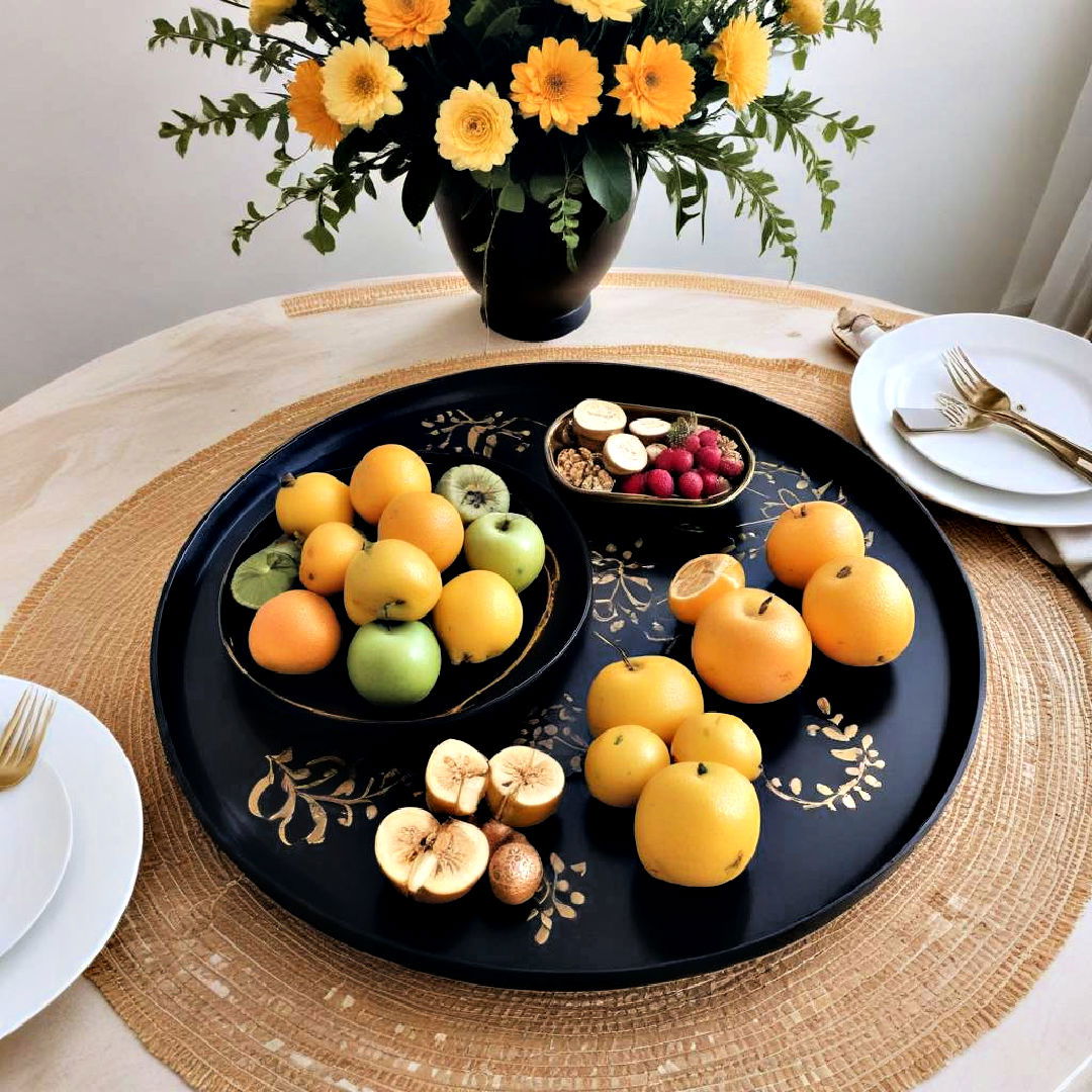 black platter with gold patterns - 20 Black and Gold Centerpiece Ideas