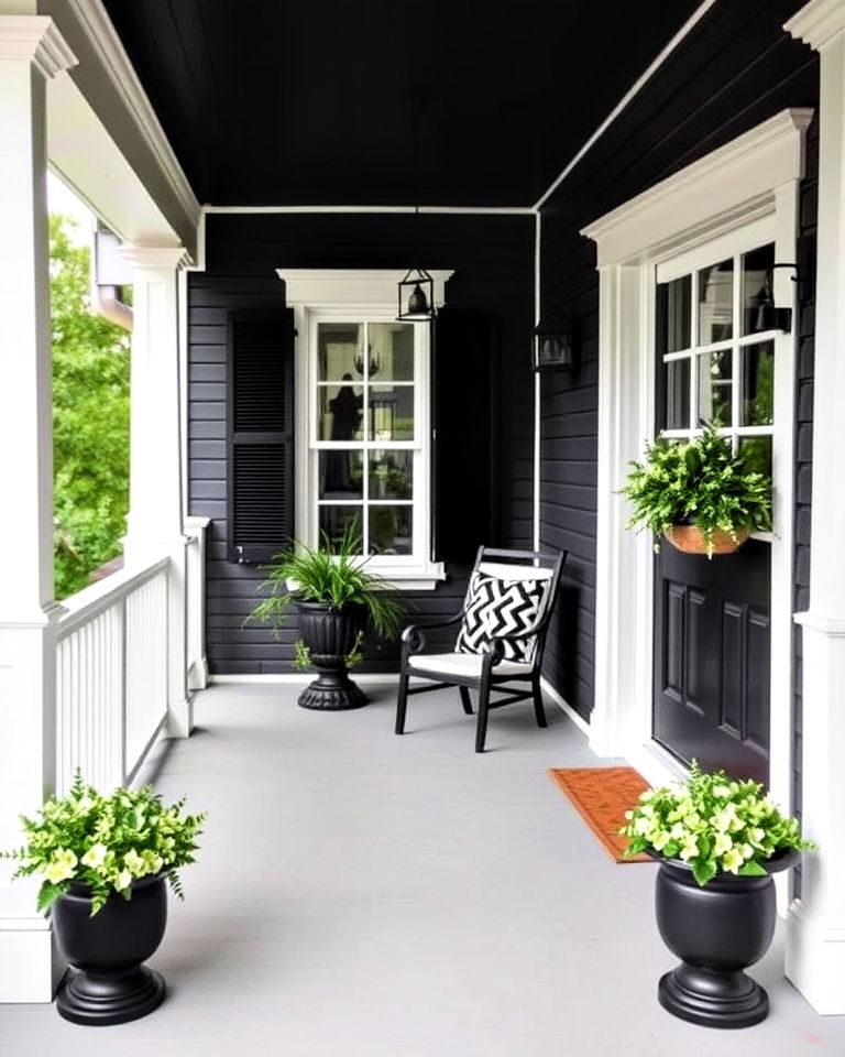 black porch with white trim and accents - 15 Black Porch Ideas