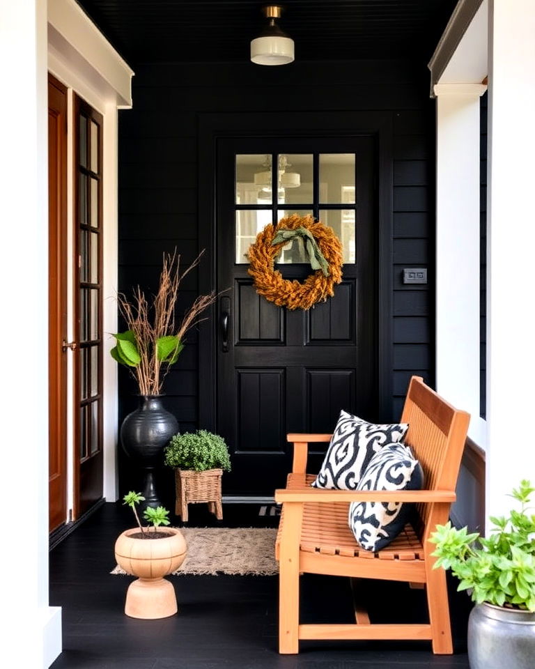black porch with wooden accents - 15 Black Porch Ideas