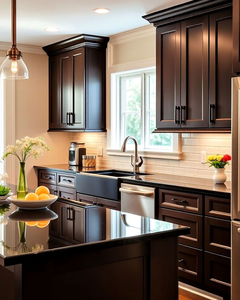 black quartz counters with espresso shaker cabinets - 25 Brown Kitchen Cabinets With Black Countertops