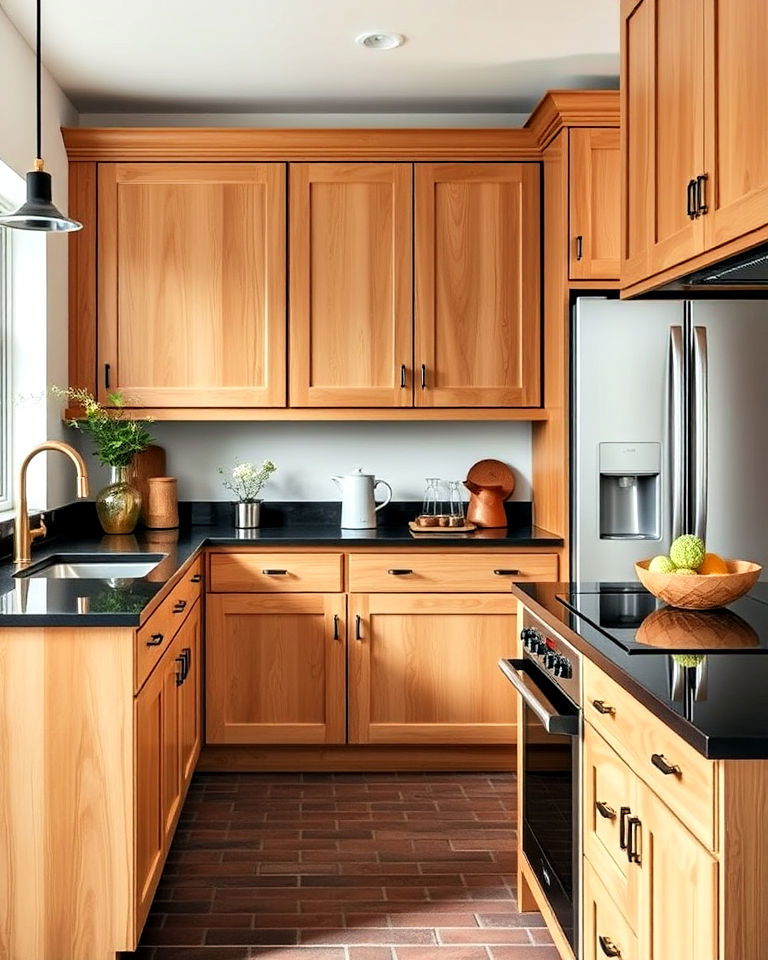 black quartz counters with golden oak cabinets - 25 Brown Kitchen Cabinets With Black Countertops