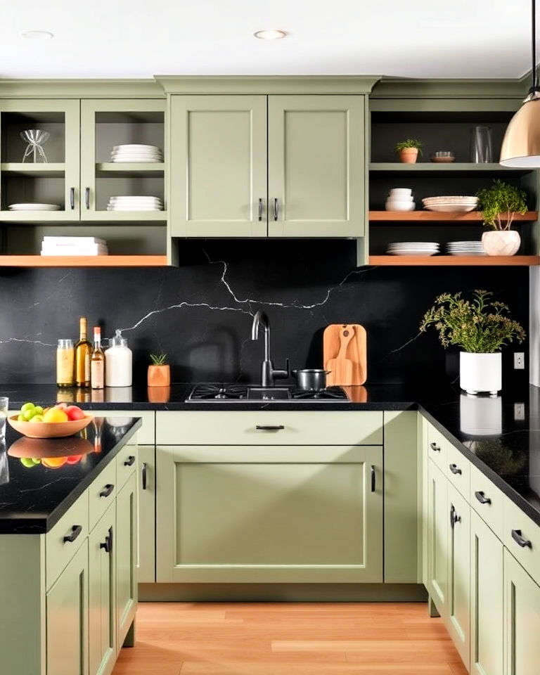 black quartz countertops and sage green cabinets - 30 Black and Green Kitchen Ideas