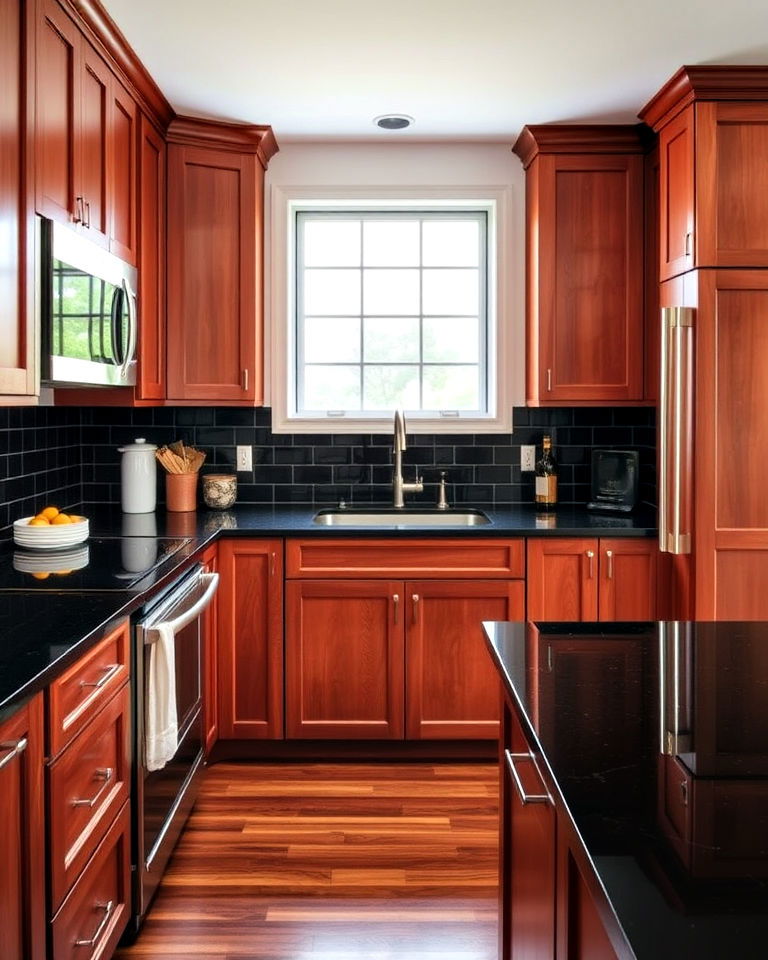 black quartz countertops for cherrywood cabinets - 25 Brown Kitchen Cabinets With Black Countertops