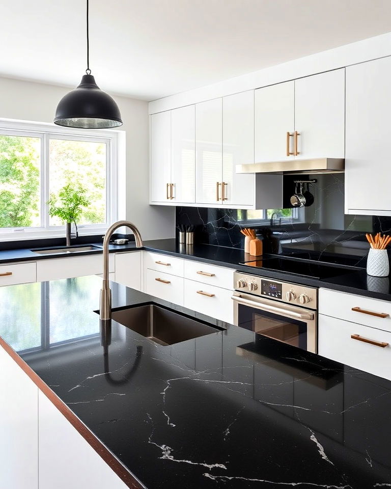black quartz countertops for dramatic contrast - 20 Quartz Kitchen Countertops