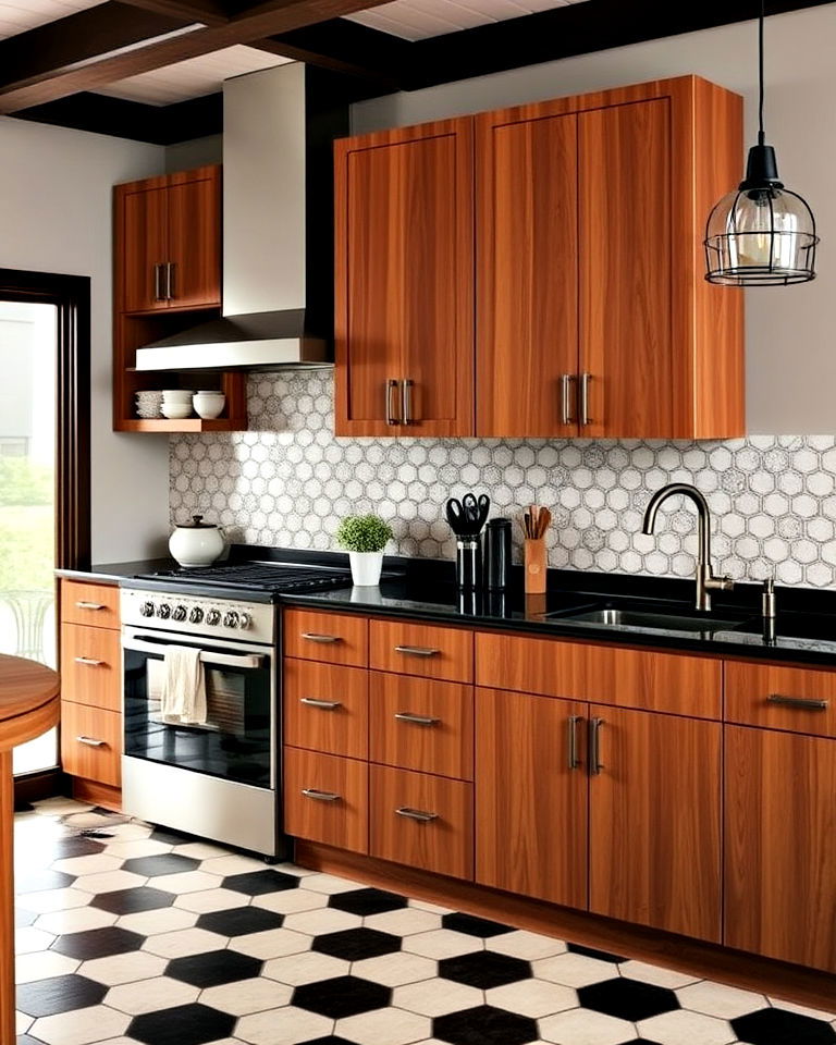 black quartz countertops with pecan brown cabinets - 25 Brown Kitchen Cabinets With Black Countertops