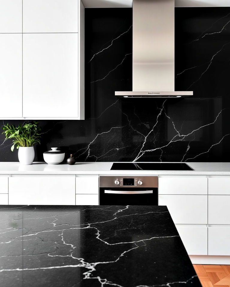 black quartz slab backsplash - 30 Kitchen With Black Backsplash