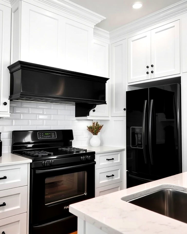 black range hood and appliances for white kitchen - 25 White Kitchen with Black Appliances Ideas