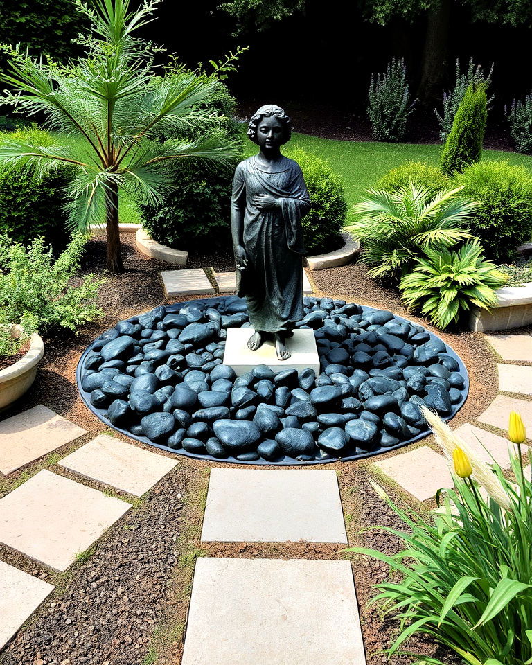 black river rock for garden sculpture - 20 Black River Rock Landscaping Ideas