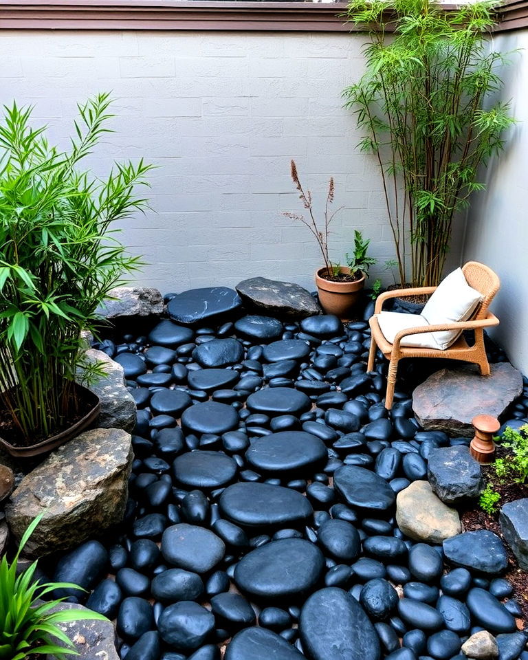 black river rock landscape for meditation nook - 20 Black River Rock Landscaping Ideas