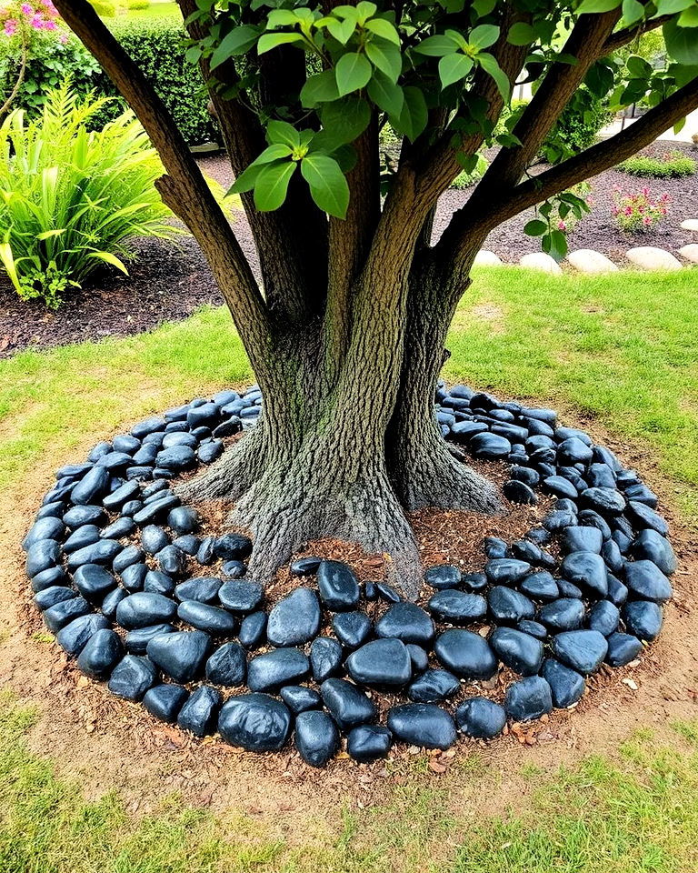 black river rock to create tree ring - 20 Black River Rock Landscaping Ideas