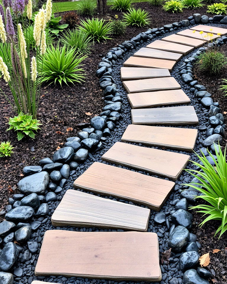 black river rock to line a garden path - 20 Black River Rock Landscaping Ideas