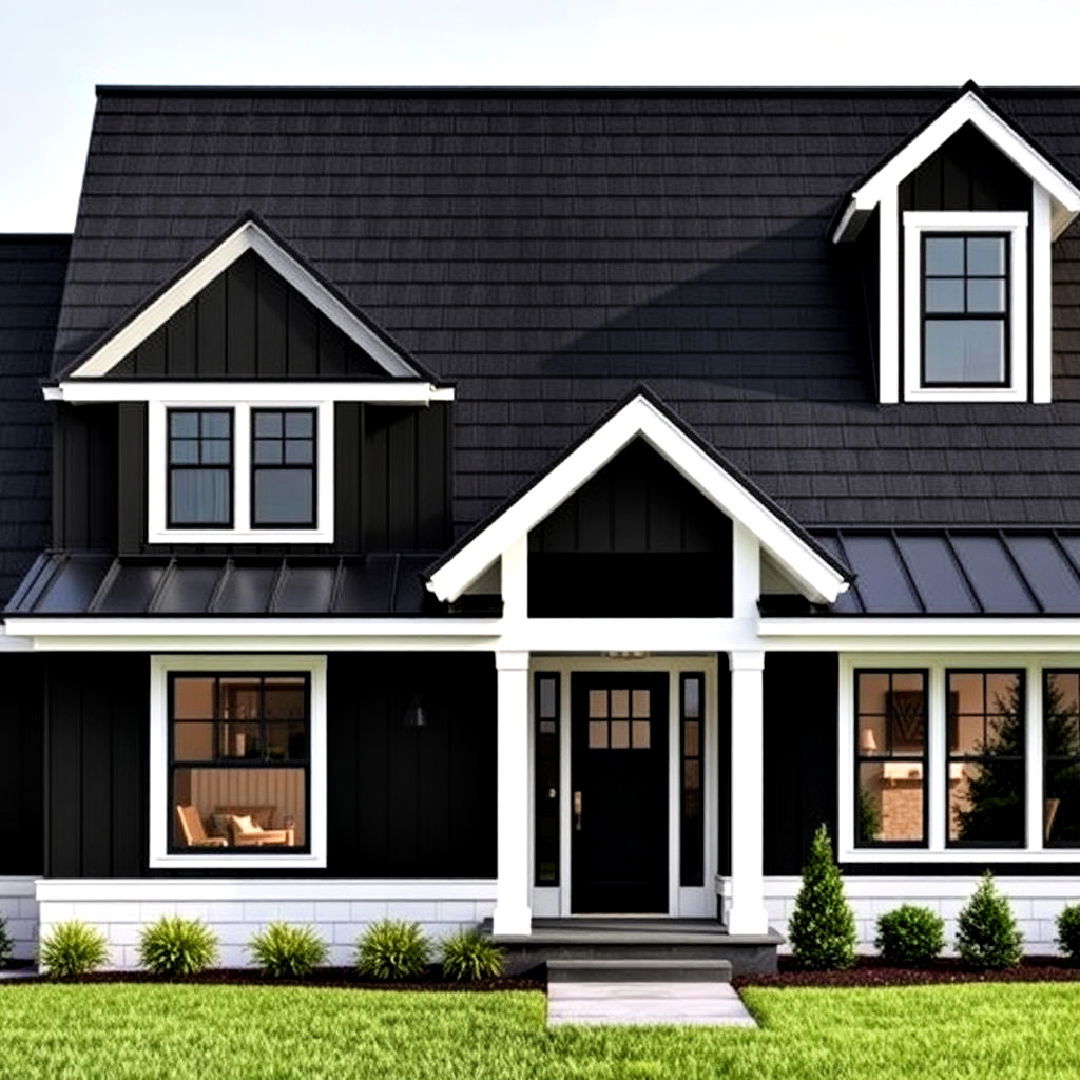 black roof and matching trim - 40 Black Modern Farmhouse Exterior Design Ideas