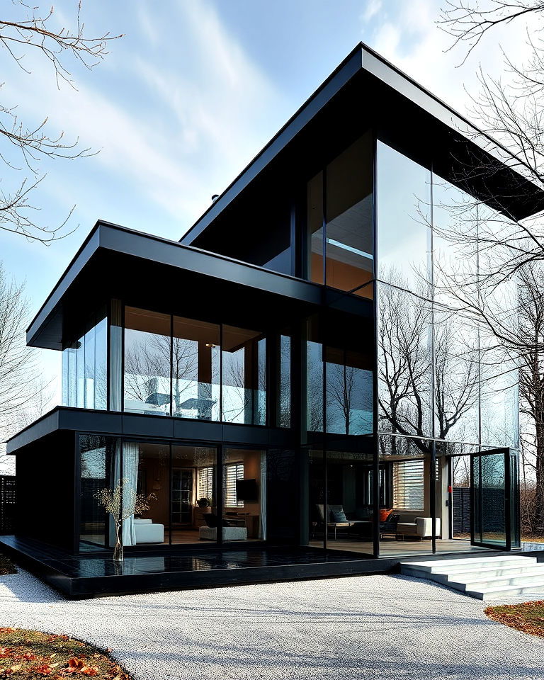 black roof for futuristic glass house - 25 Houses With Black Roofs