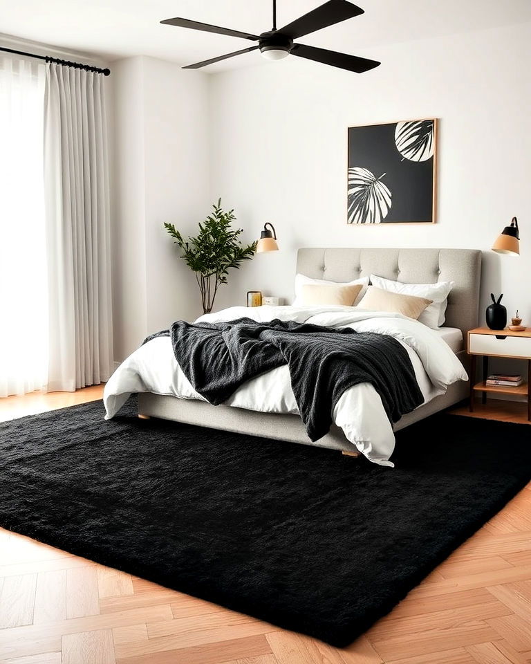 black rug for bedroom - 20 Matte Black Bedroom Ideas