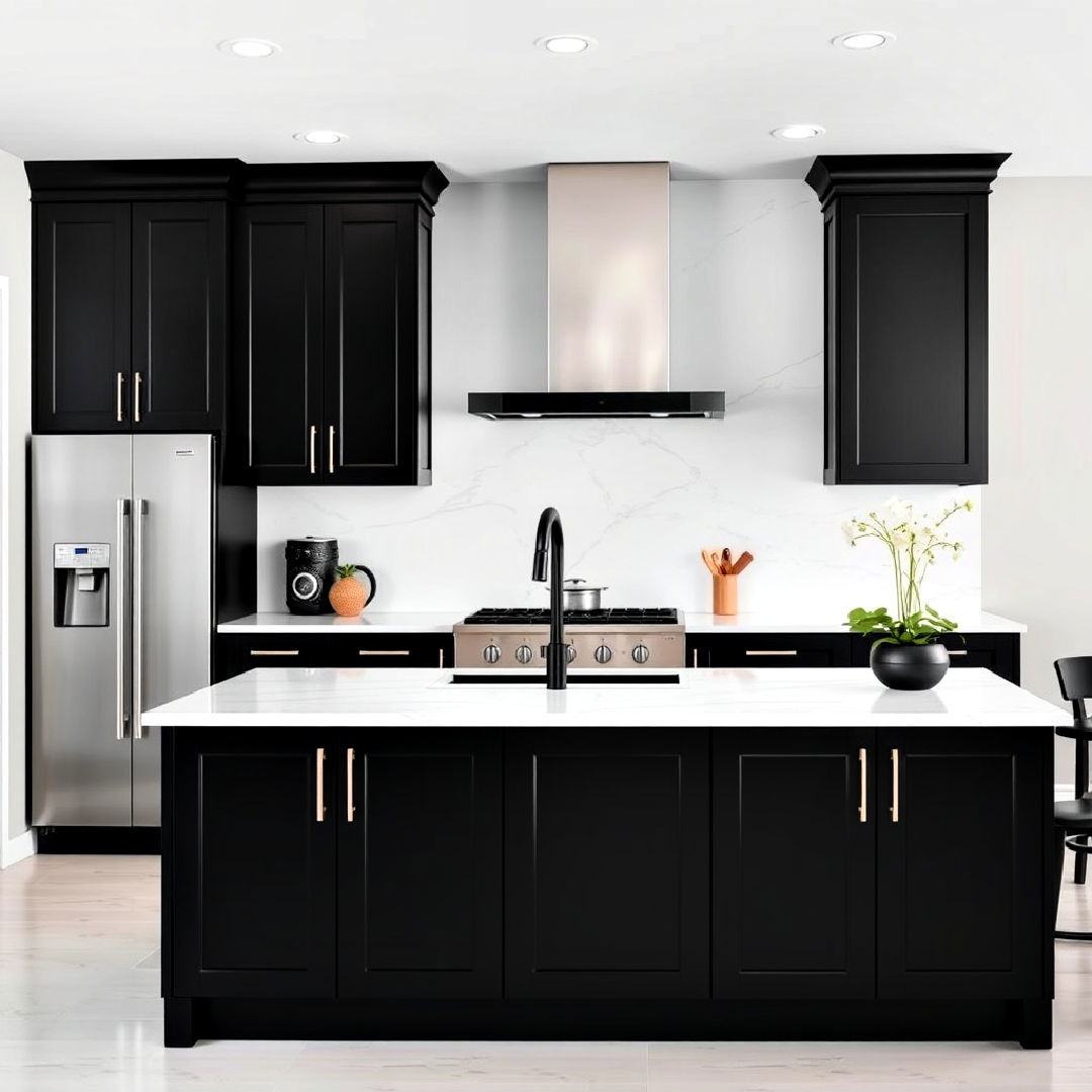 black shaker cabinets with white quartz backsplash - 40 Black and White Kitchen Ideas