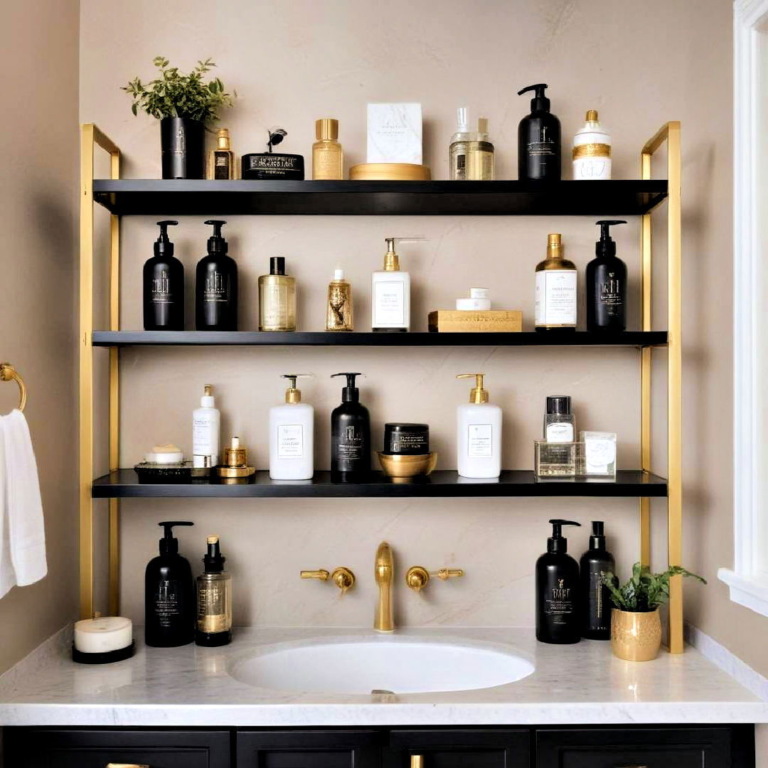 black shelves with gold accents - 20 Black and Gold Bathroom Ideas