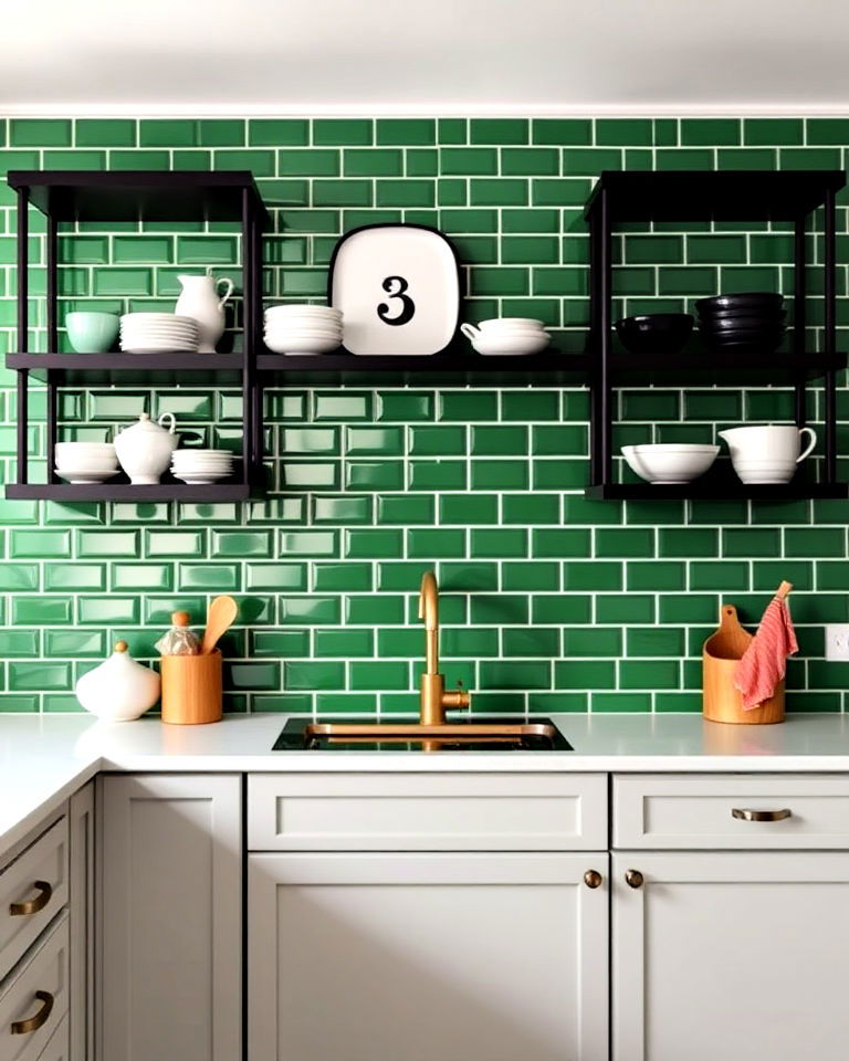 black shelving and emerald green backsplash - 30 Black and Green Kitchen Ideas