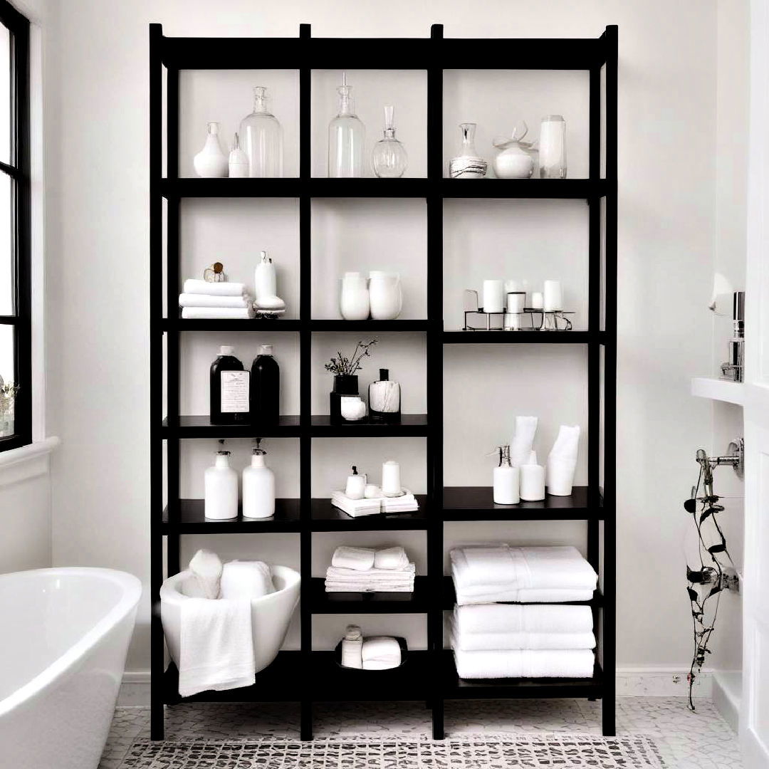 black shelving for black and white bathroom - 40 Black and White Bathroom Ideas