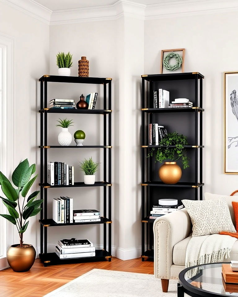 black shelving units with gold accents - 40 Black and Gold Living Room Ideas