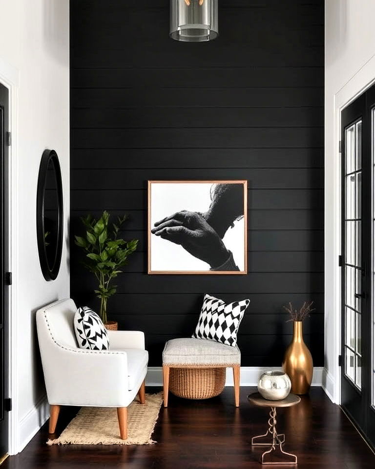 black shiplap accent wall for moody aesthetic - 25 Shiplap Wall Entryway Ideas