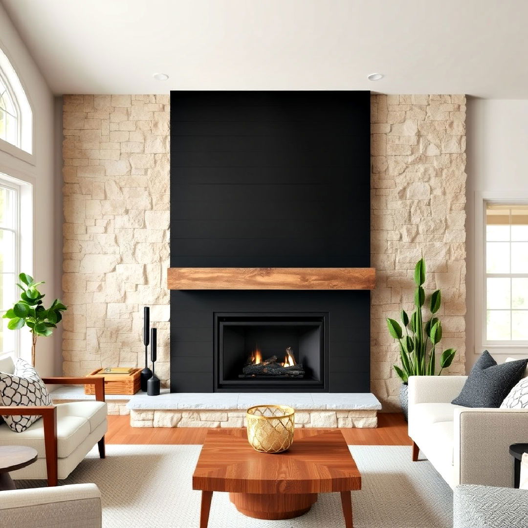 black shiplap fireplace surround with neutral stone - 40 Black Shiplap Fireplace Ideas