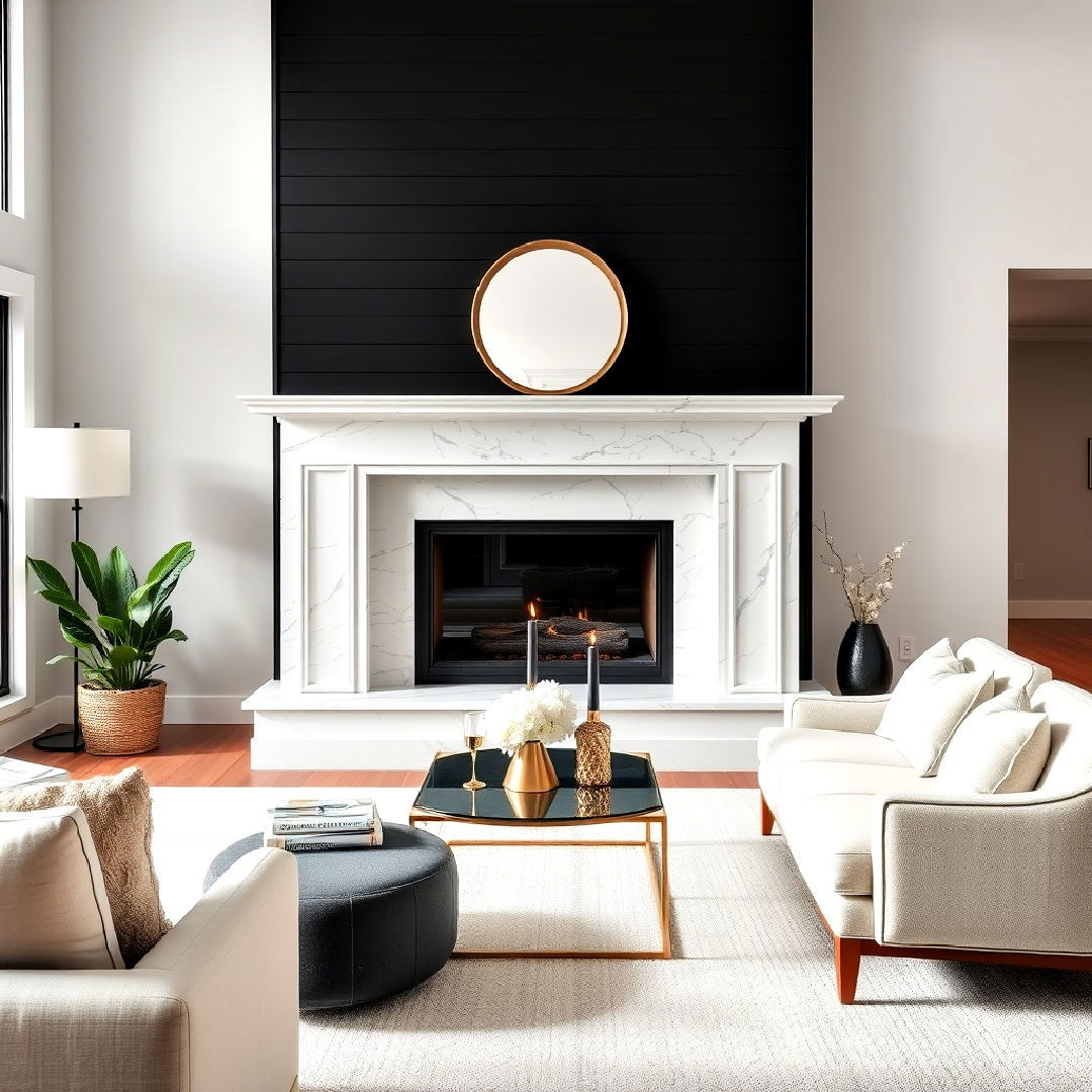 black shiplap fireplace surrounded by marble - 40 Black Shiplap Fireplace Ideas