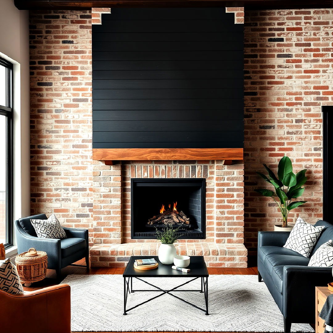 black shiplap fireplace with exposed brick - 40 Black Shiplap Fireplace Ideas