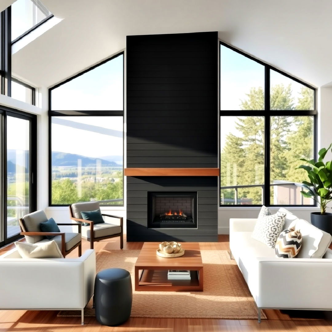 black shiplap fireplace with large windows - 40 Black Shiplap Fireplace Ideas